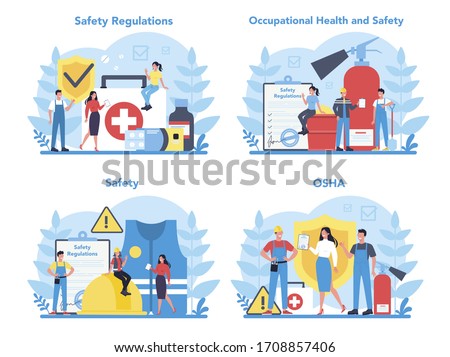 OSHA concept set. Occupational safety and health administration. Government public service protecting worker from health and safety hazards on the job. Isolated flat vector illustration
