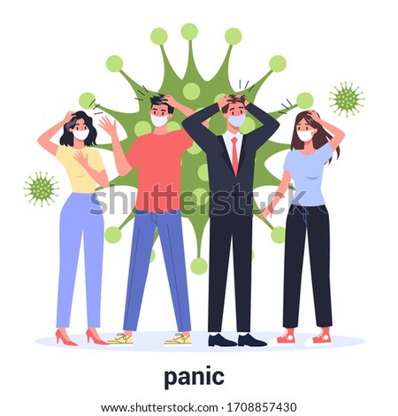 2019-nCoV, pandemic global impact. People panicing with corona virus pandemic. Man and woman in fear and anxiety about ncov-19 virus. Isolated flat vector illustration