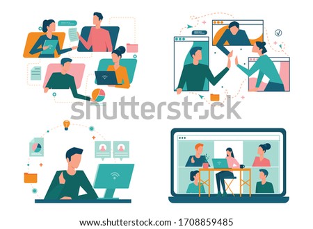 Remote working concept set. Telework and global outsourcing, Employee work from home. Social-distance during corona virus quarantine. Isolated flat vector illustration