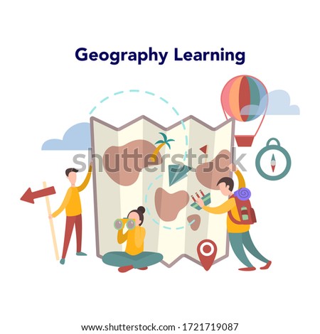 Geography concept. Global science studying the lands, features, inhabitants of the Earth. Abstract vector illustration of geography learning in school or university. Mapping and environment research.