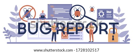 Bug report typographic header concept. Application or website code test process. IT specialist searching for bugs. Idea of computer technology. Digital analysis. Vector illustration in cartoon style