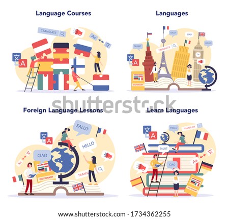 Language learning concept set. Study foreign languages with native speaker. Idea of global communication. Studying foreign vocabulary. Vector illustration in cartoon style