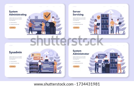 System administrator web banner or landing page set. People working on computer and doing technical work with server. Configuration of computer systems and networks. Isolated flat vector illustration