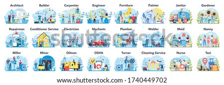 Common profession set. Collection of occupation, male and female worker in the uniform. Builder, engineer, nurse and oilman. Isolated vector illustration in cartoon style