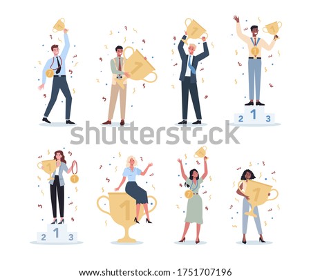 Succeed business people set. Winning in competition. Getting reward or prize for achievement. Goal, inspiration, hard work and result. Person with golden trophy cup. Isolated flat vector illustration