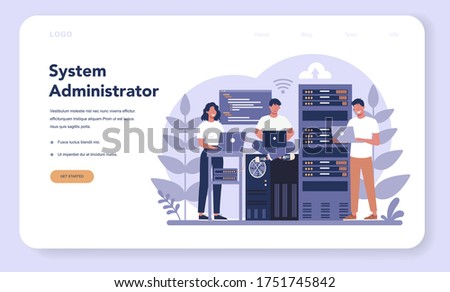 System administrator. People working on computer and doing technical work with server. Configuration of computer systems and networks. Isolated flat vector illustration