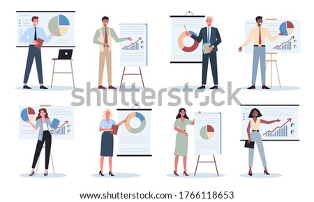 Business character making presentation in front of group of co-worker set. Presenting business plan on seminar. Pointing at the graph. Flat vector illustration