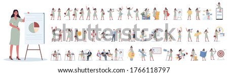 Set of business woman or office worker character with various poses, face emotions and gestures. Talking on the phone, sitting and making presentation. Isolated flat vector illustration