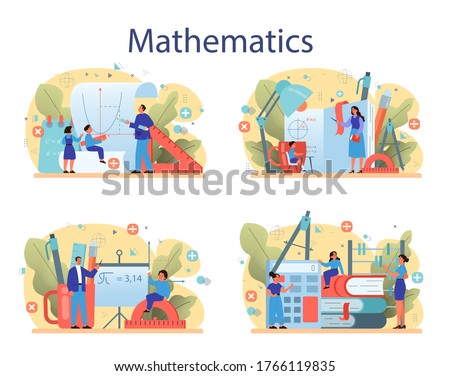 Math school subject set. Learning mathematics, idea of education and knowledge. Science, technology, engineering, mathematics education. Isolated flat vector illustration