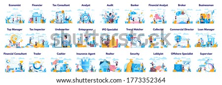 Financial or business profession set. Business character making financial operation. Economist, financier, broker, accountant, trader, ttax inspector, commercial direrctor. Vector illustration