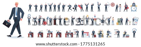 Businessman character set. Poses and meeting, data and hero. Character in suit doing different activities. Office presentation and finance operation. 50 different situation. Vector illustration