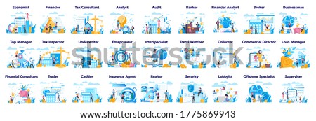 Financial or business profession set. Business character making financial operation. Economist, financier, broker, accountant, trader, ttax inspector, commercial direrctor. Vector illustration