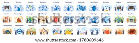 Big scientist profession concept illustration. Idea of scientific research and innovation. Study biology, chemistry, physics and other subjects at the university. Isolated flat illustration Foto stock © 