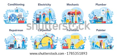 Household and renovation profession set. Home Master. Repairman, carpenter, mechanic, painter, plumber, canditioning, furniture master electrician service. Isolated flat vector illustration