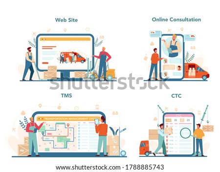 Forwarder online service or platform set. Transportation service concept. Loader in uniform holding a box. Website, online consultation, TMC, CTC. Isolated flat illustration vector