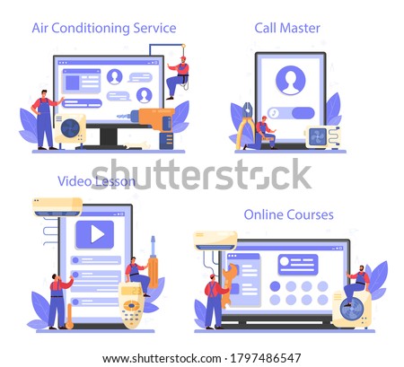 Air conditioner repair and instalation service online service or platform set. Repairman examining conditioner. Online course, master call, video lesson, air conditioning service. Vector illustration