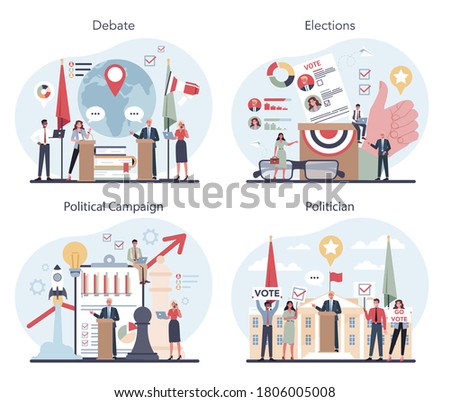 Politician concept set. Idea of election and governement. Democratic governance. Political compaign, elections, debate. Isolated flat illustration