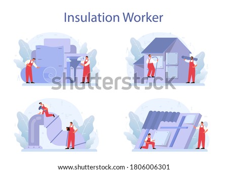 Insulation concept set. Thermal or acoustic insulation. Construction industry, Worker putting insulation materials. Construction service, house renovation. Isolated flat vector illustration