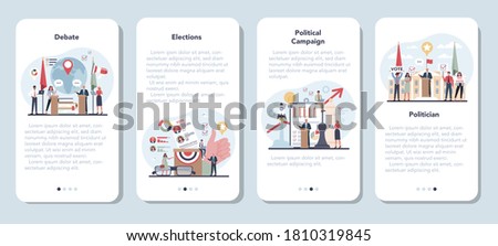 Politician mobile application banner set. Idea of election and governement. Democratic governance. Political compaign, elections, debate. Isolated flat illustration