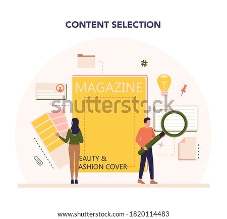 Magazine editor concept. Journalist and designer working on magazine article and photo. Content selection, release plan and promotion. Isolated flat vector illustration