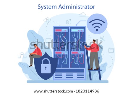 System administrator. People working on computer and doing technical work with server. Configuration of computer systems and networks. Isolated flat vector illustration