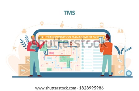 Forwarder online service or platform. Transportation service concept. Loader in uniform holding a box. TMC. Isolated flat illustration vector