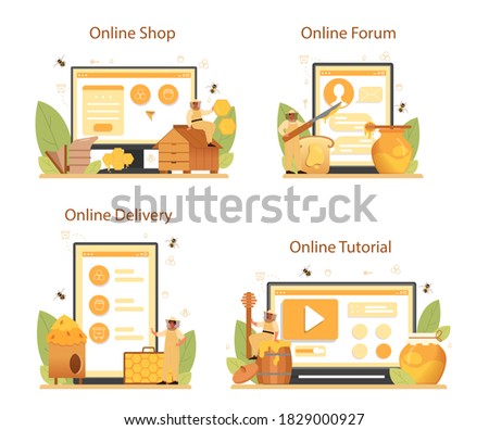 Hiver or beekeeper online service or platform set. Professional farmer with hive and honey. Countryside organic product. Online shop, tutorial, forum, delivery. Vector illustration