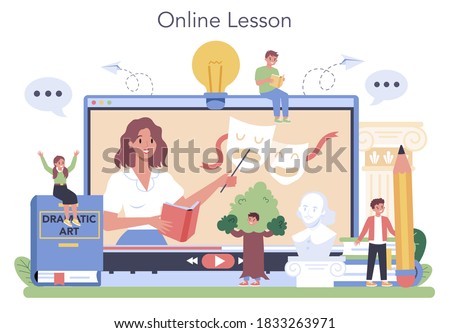 Drama class online service or platform. Children creative subject, school play. Online lesson. Vector illustration in cartoon style