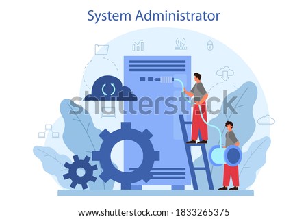 System administrator. People working on computer and doing technical work with server. Configuration of computer systems and networks. Isolated flat vector illustration