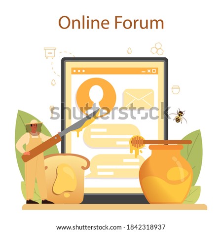 Hiver or beekeeper online service or platform. Professional farmer with hive and honey. Countryside organic product. Online forum. Vector illustration