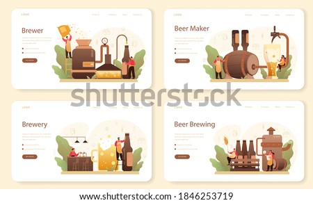 Brewery web banner or landing page set. Craft beer production, brewing process. draught beer tank, vintage mug and bottle full of alcohol drink. Isolated vector illustration ストックフォト © 