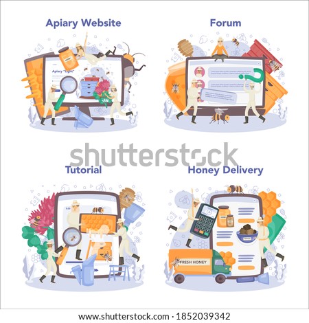 Hiver or beekeeper online service or platform set. Professional farmer making honey. Countryside organic product. Online forum, tutorial, delivery, website. Vector illustration