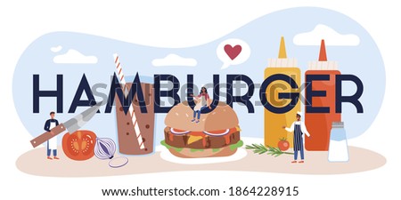 Hamburger typographic header. Chef cook tasty hamburger with cheese, tomato and beef between delicious bun. Fast food restaurant. Isolated flat vector illustration