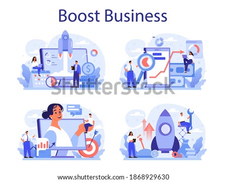 Business boost concept set. Company and personal career success. Busines development and profit increase. Isolated flat vector illustration