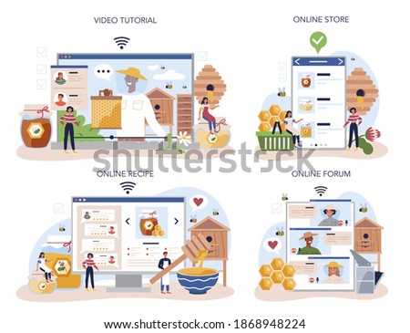 Hiver or beekeeper online service or platform set. Professional farmer with hive and honey. Countryside organic product. Online forum, store, recipe, video tutorial. Vector illustration