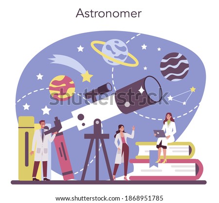 Astronomy and astronomer concept. Professional scientist looking through a telescope at the stars in observatory. Astrophysicist study stars map. Isolated vector illustration