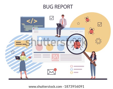 Bug report concept. Application or website code test process. IT specialist searching for bugs. Idea of computer technology. Digital analysis. Vector illustration in cartoon style