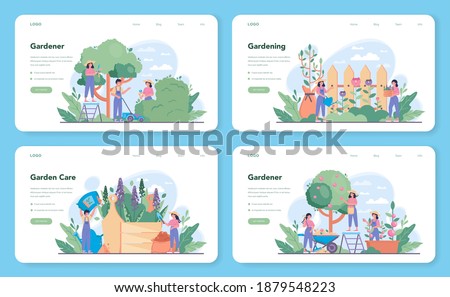 Gardener web banner or landing page set. Idea of horticultural designer business. Character planting trees and bush. Special tool for work, shovel and flowerpot, hose. Isolated flat illustration