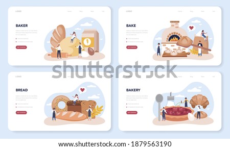 Baker web banner or landing page set. Chef in the uniform baking bread. Baking pastry process. Bakery worker and pastries goods. Isolated vector illustration