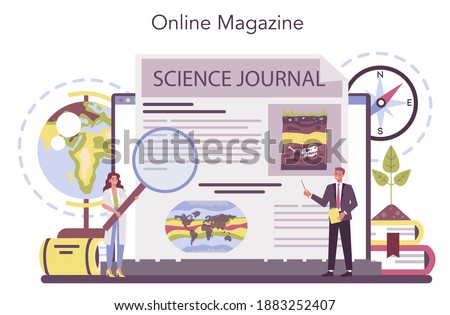 Geographer online service or platform. Studying the lands, features, inhabitants of the Earth. Online magazine. Isolated vector illustration