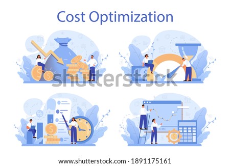 Cost optimization concept set. Idea of financial and marketing strategy. Cost and income balance. Spending and cost reduction, while maximizing business value. Isolated flat illustration vector