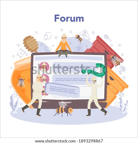 Hiver or beekeeper online service or platform. Professional farmer making honey. Countryside organic product. Online forum. Vector illustration