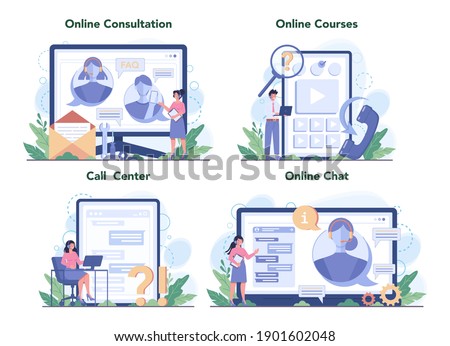 Call center or technical support online service or platform set. Providing customer with information. Help them with problems. Online consultation, course, call center, chat. Vector flat illustration