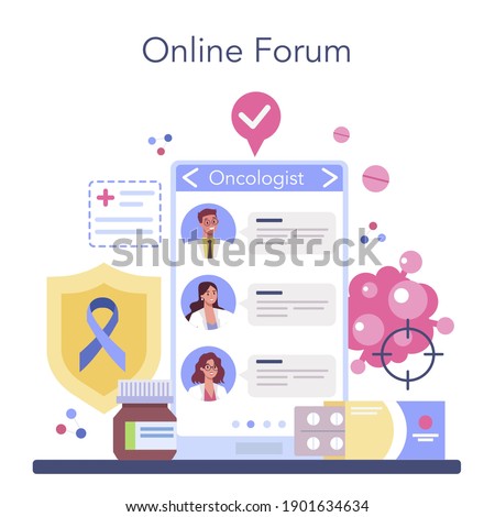 Professional oncologist online service or platform. Cancer disease diagnostic and treatment. Oncology chemotherapy, biopsy, tumor removal surgery. Online forum. Isolated flat vector illustration