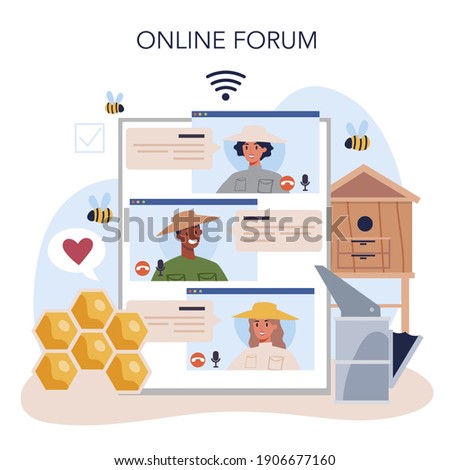 Hiver or beekeeper online service or platform. Professional farmer with hive and honey. Countryside organic product. Online forum. Vector illustration