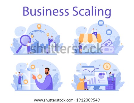 Business scaling concept set. Franchise business expansion. Idea of business growth and expand. Marketing strategy and product promotion. Vector illustration in cartoon style Foto d'archivio © 