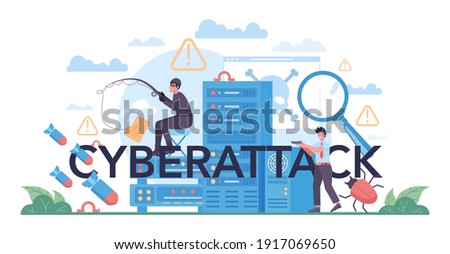 FBI agent concept. Stealing digital data from the computer. Hacker attack device system. Protection from cyberattack. Vector illustration in cartoon style