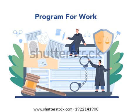 Judge online service or platform. Court worker stand for justice and law. Judge in traditional black robe hearing a case and sentencing. Online program. Isolated flat vector illustration Foto d'archivio © 