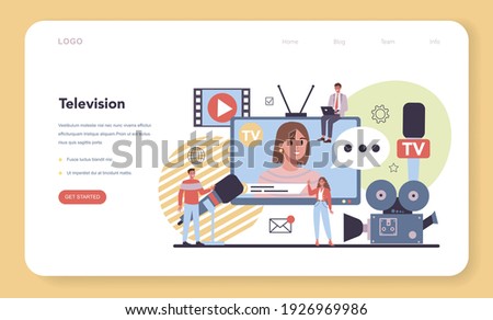 Media concept. Brand promotion throught the television advert. Business communication, marketing and advertising strategy. Isolated flat vector illustration