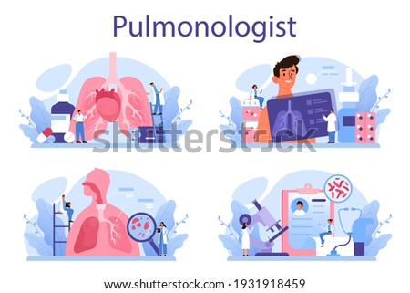 Pulmonologist set. Idea of health and medical treatment. Healthy pulmonary system. Asthma, pneumothorax treatment and diagnostic. Isolated vector illustration